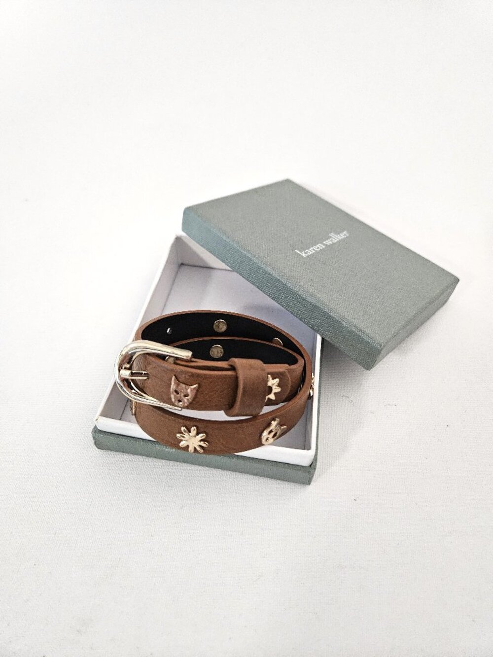 Karen Walker Runaway Vintage Leather Double Wrap Bracelet w Gold Charms + Buckle